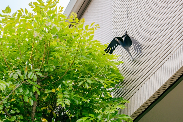 ベランダからつるされたカラスの形をした鳥よけの画像