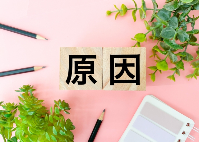 「原因」と書かれたブロックの周りに鉛筆と葉がある画像
